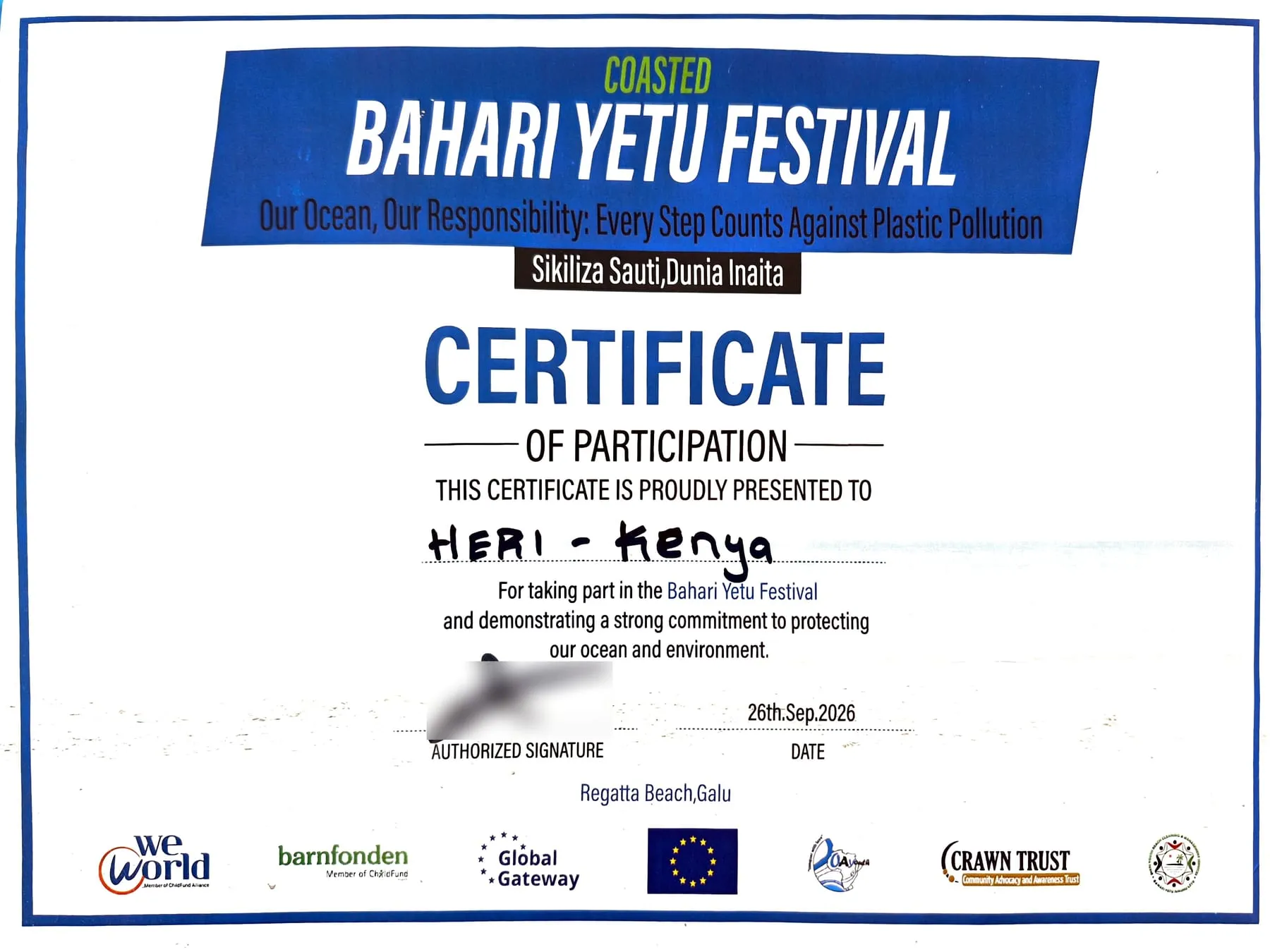 Certificate of Participation from the Bahari Yetu Festival presented to HERI-Kenya