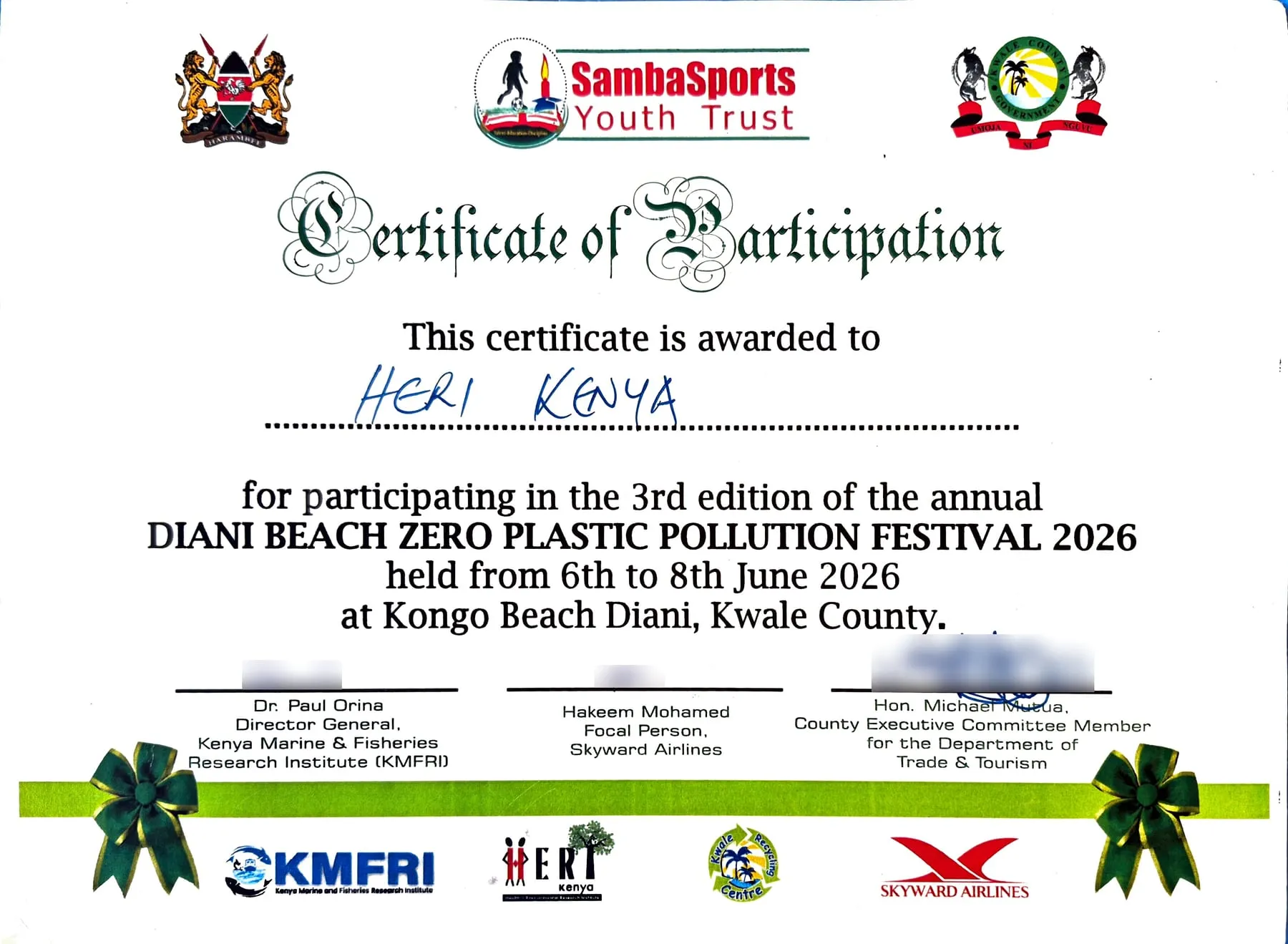 Certificate of Participation from the Diani Beach Zero Plastic Pollution Festival 2026